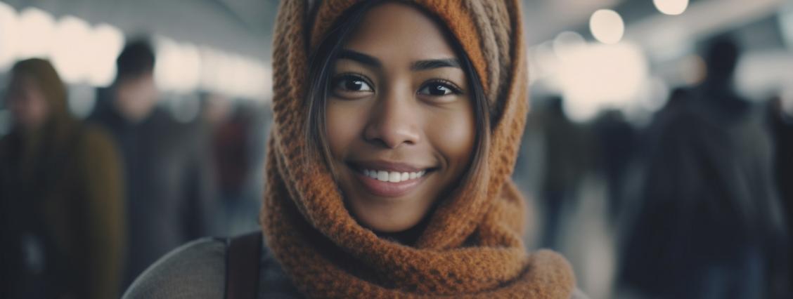 young adult woman tanned skin tone at the airport or train station