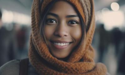 young adult woman tanned skin tone at the airport or train station